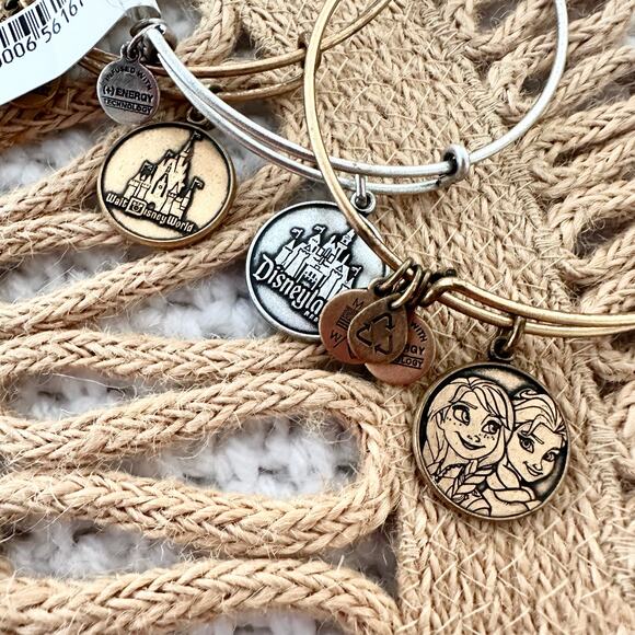 Alex & Ani Disney Land World Frozen Elsa Anna Set 3 Bangle Bracelets Silver Gold - Picture 7 of 8
